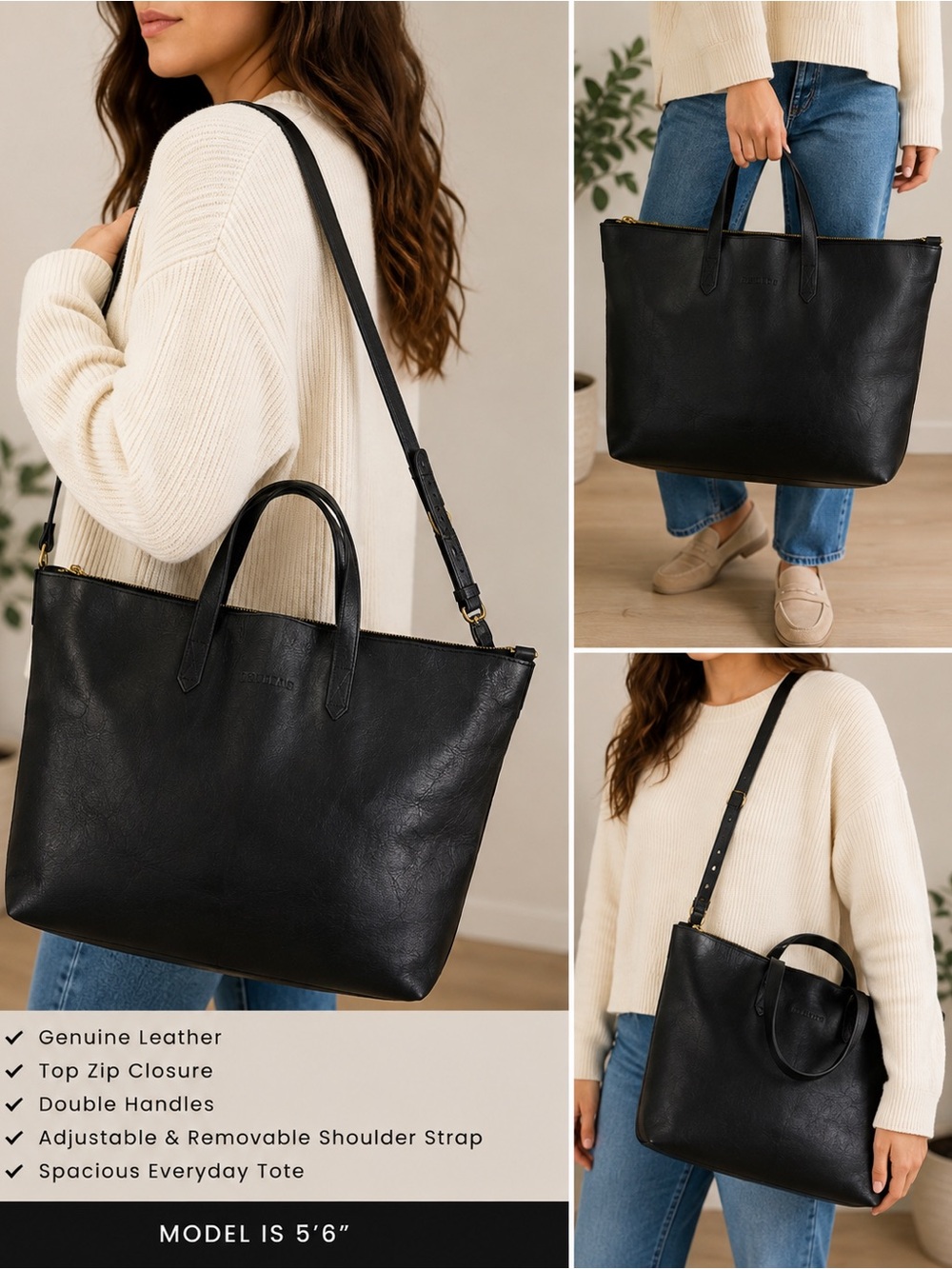 Madewell Black Leather Zip Top Tote Shoulder Bag